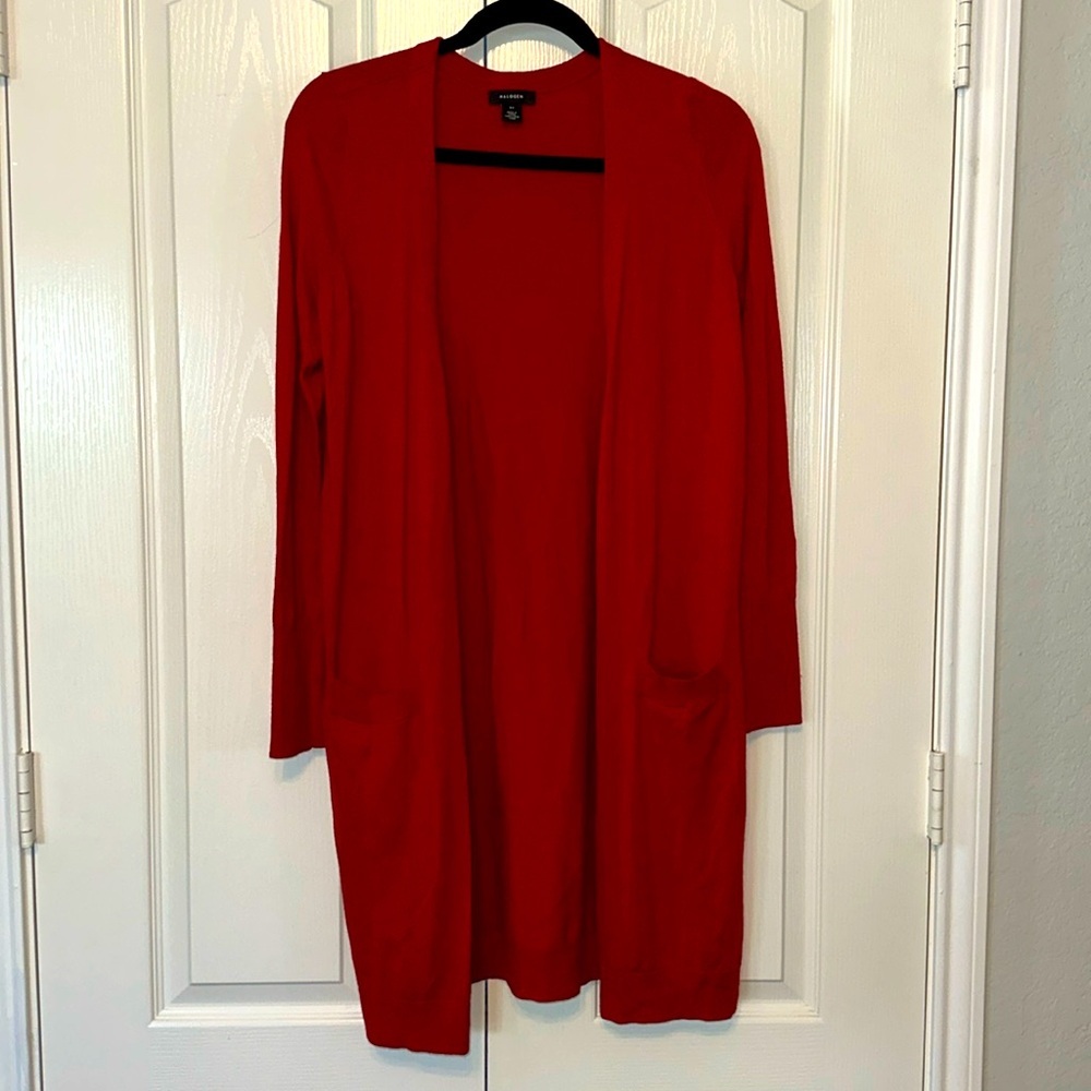 Halogen Women’s Red Open Long Cardigan Size XS With Front Pockets